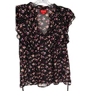 Elle Black Floral Polka Dot Sheer Ruffle Sleeve Blouse Top - Women's Size S EUC